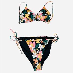 NWT Volcom Black Floral-Trim Tie Bikini Top with Multicolor Accents